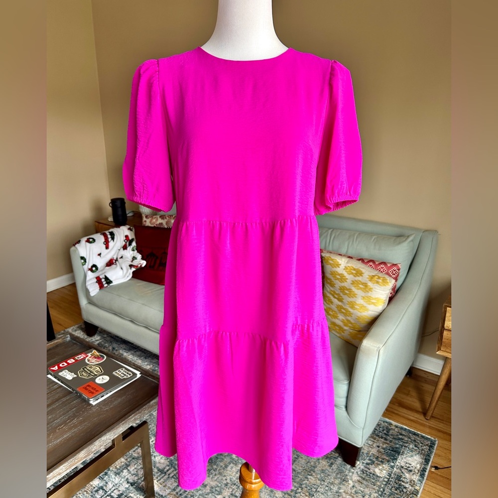 DKNY Bright Pink Tiered Baby Doll Dress Puff Sleeve Size 8 - Picture 3 of 12